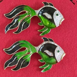 Huge Vintage "BEST FRIENDS" Elegant Green and Black Enamel Goldfish Brooch